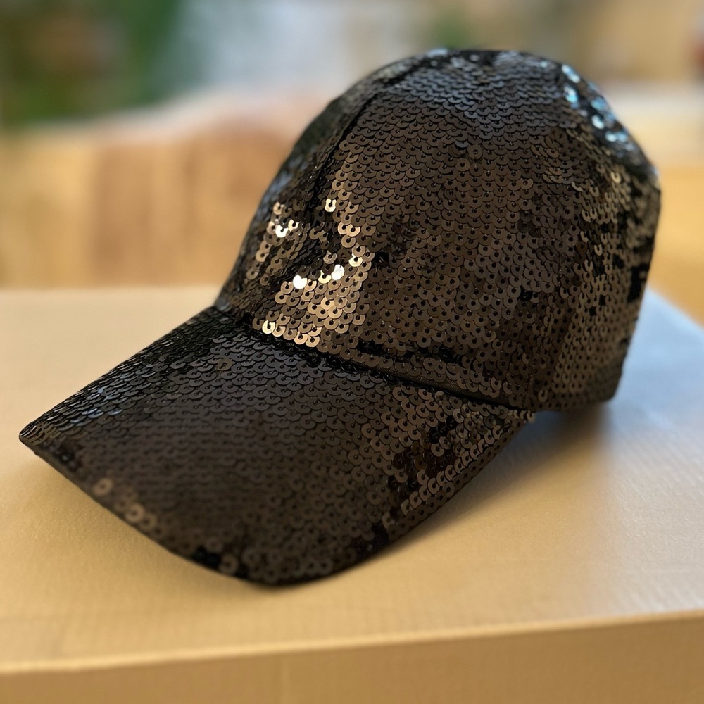 Sophia Collection Black Sequined BallCap! New, Elastic Ponytail Vent. Glam, Fun! - Picture 1 of 6